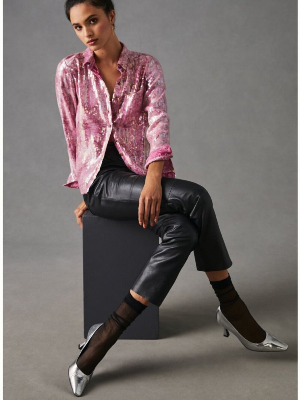 Pilcro Anthro Pink Sequin Oversized Button-Down Shirt XXS VG